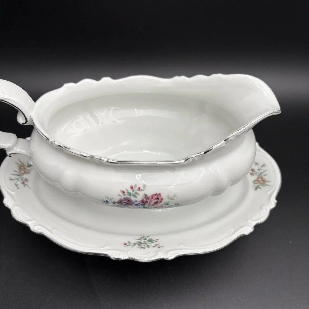 Crown Bavaria Germany Gravy Boat  Bowl Attached Platter Ladle Bouquet Floral Vtg